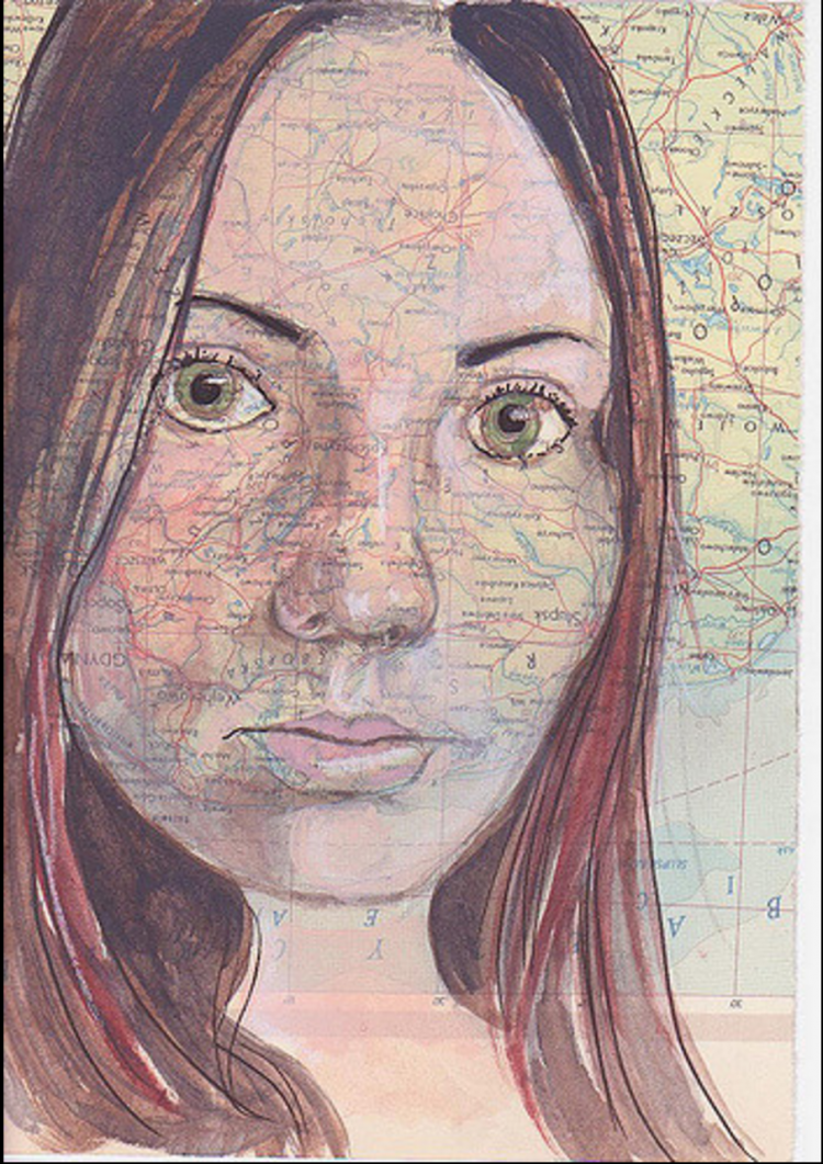 Portrait of a woman and a map as background.