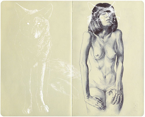 Drawing of a wolf and a woman's body.