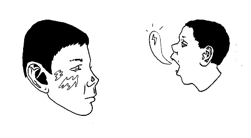 Animated illustration of two faces with speech bubbles, one with a heart icon and the other with a lightning bolt