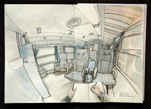First person view illustration of an empty train-car