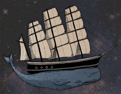 Illustration of a floating sailing ship that is sitting on a whale