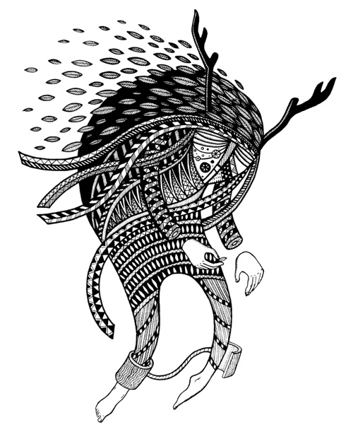 Black and white illustration of a creature with antlers and leg shackles