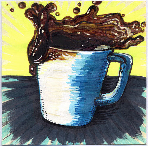Illustration of a cup of coffee that is mid-spill with coffee flying through the air