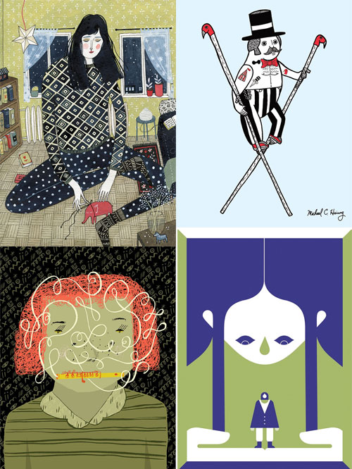 Collage of four drawn illustrations