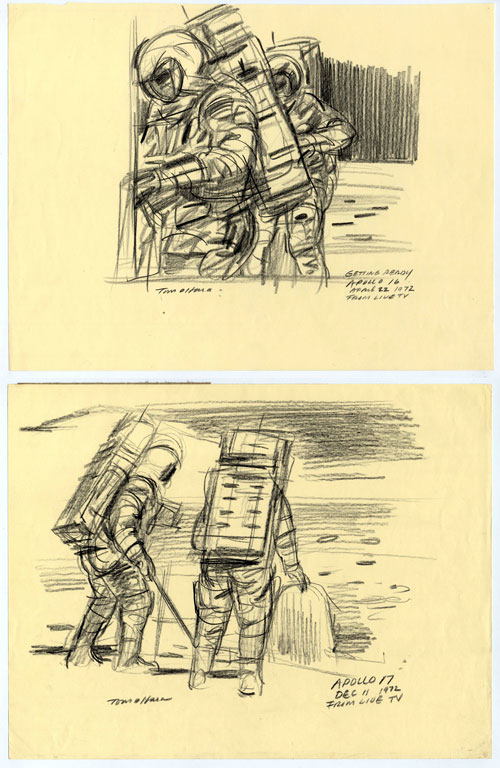 Two sketches of astronauts during the apollo space mission