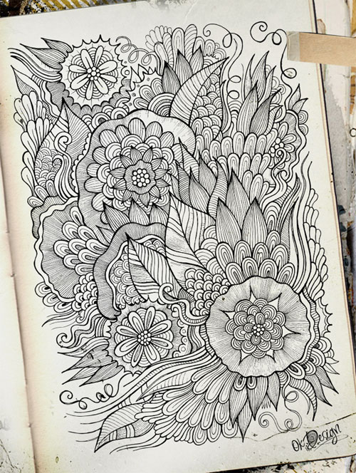 Full page hand drawn illustration of intricate flowers