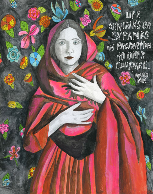 Illustration of a woman in red surrounded by flowers