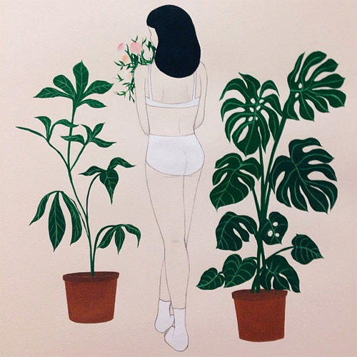 Illustration of a woman standing from behind in between two plants