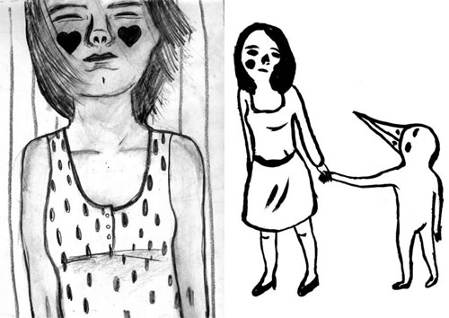 Black and white drawing of a girl and a weird creature