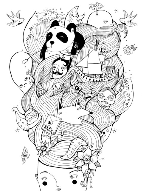 Illustration of a woman's hair that is full of random things like a panda bear, a sailor, a fox, and more