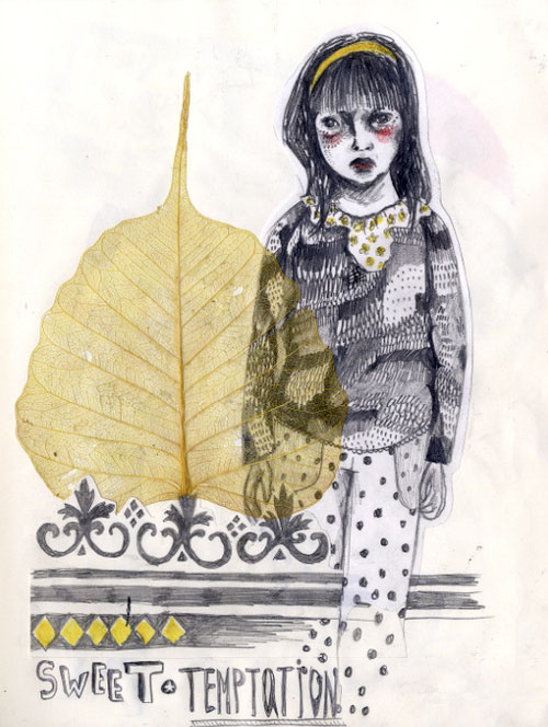 Drawing of a girl and a leaf.