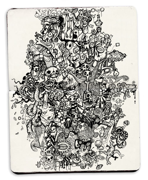 Abstract doodle with various skulls and other figures within it