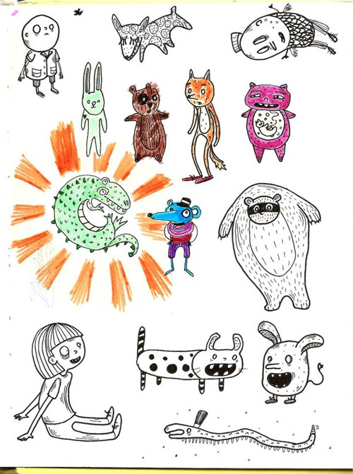 Illustration of various quirky characters, ranging from a green rabbit to a snake wearing a top hat