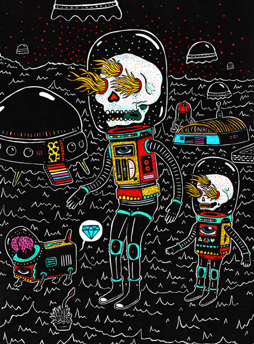 Drawing of skulls in astronaut suits.