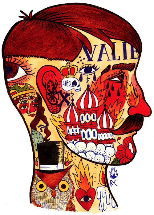 Illustration of the side profile of a mans face that is made up of traditional American Tattoos