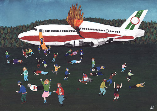 Painting of a plane that is broken in half, with flames coming out, with people strewn about the ground