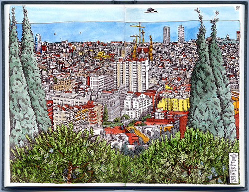 Detailed illustration of a view of a city from a hilltop