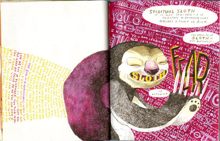 sloth, drawing, magenta, watercolors, journal
