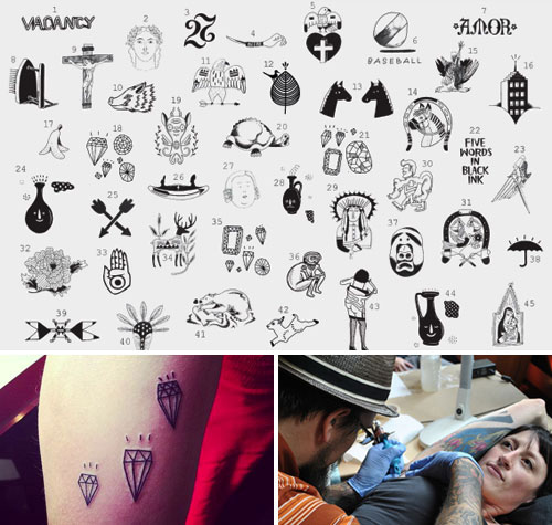 Person getting tattoo and different images.