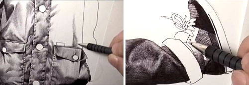 Drawing using a pen of a shoe and a shirt.