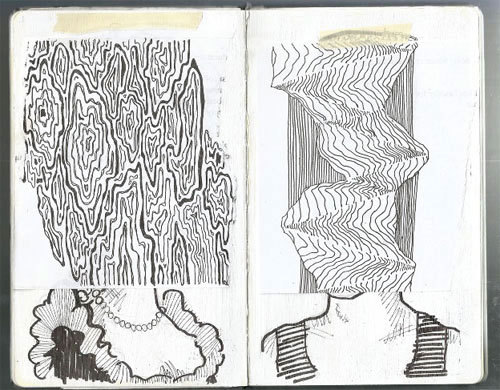 Two sketchbook pages, both showing illustrations of women but in place of their heads are abstract lines