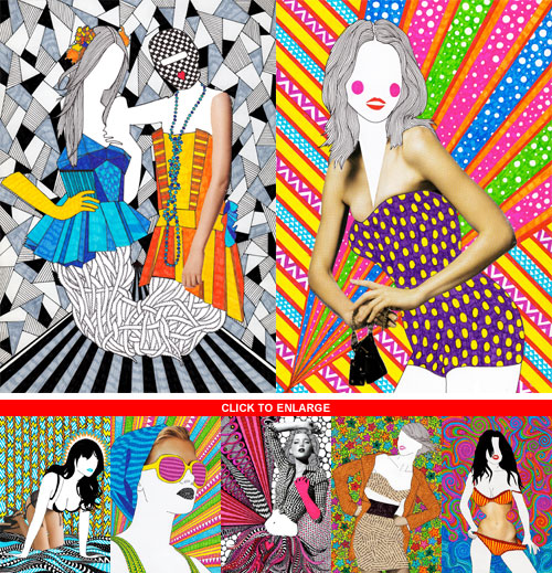 Colorful drawing collage of beautiful girls