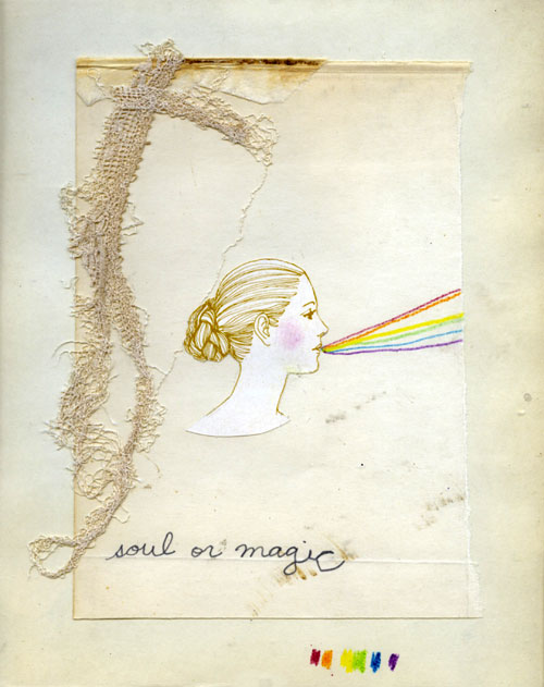 Drawing of a young woman with a rainbow coming out of her mouth