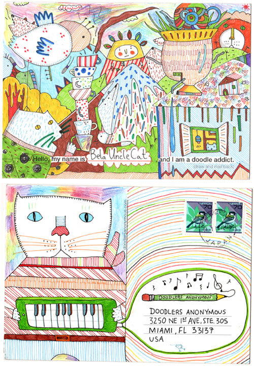 Front and back view of an illustrated post card showcasing many scenes, one of which is a cat holding a keyboard