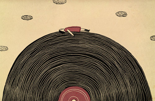 Drawing of a girl on a record.