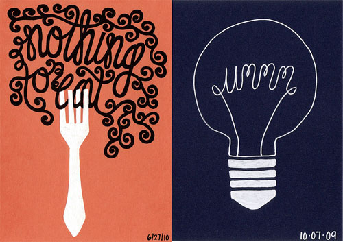 Drawing of a lightbulb and a fork.