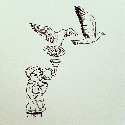 Doodle of a boy blowing a french horn and two doves flying out of it