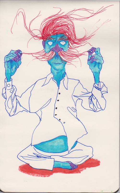 Illustration of a blue ghost with red hair sitting cross-legged