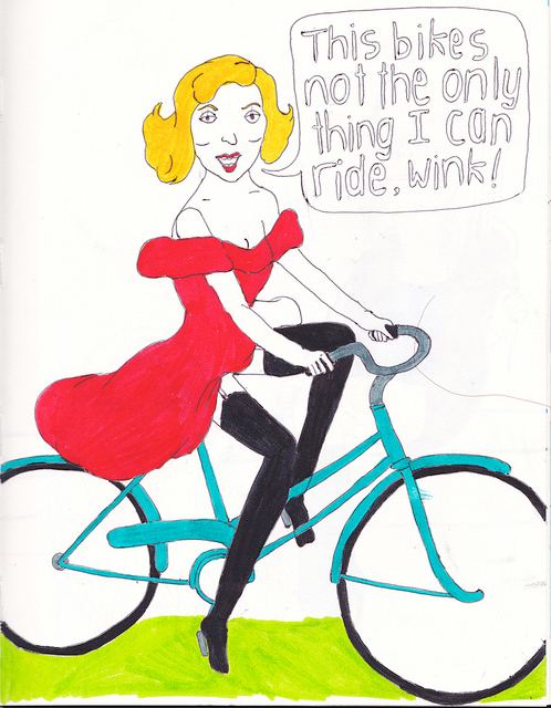 Drawing of a woman on a bike.