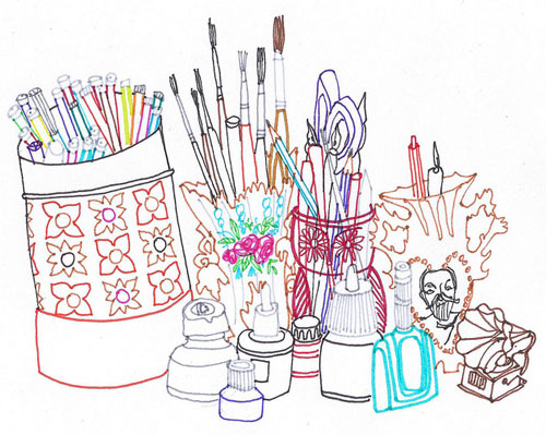 Drawing of several artist's tools.