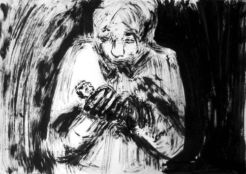 Dark illustration of a figure holding a small doll