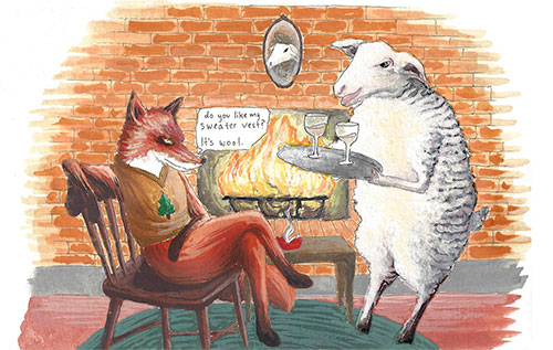 A wolf and sheep by a fire.