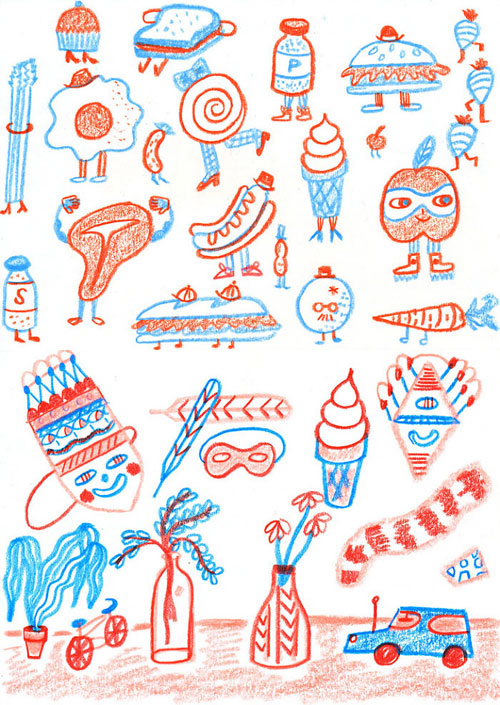 Red and blue drawing of several items.