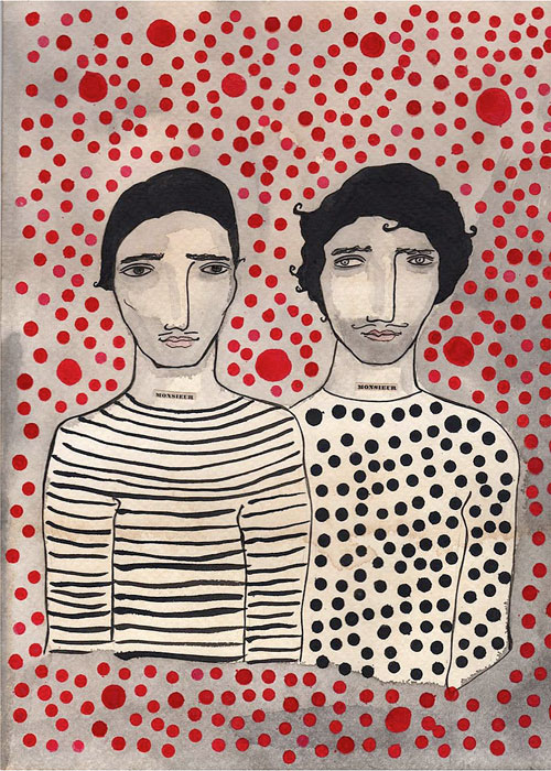 Illustration of two french men, one in a striped shirt the other in a polka dot shirt. They are surrounded by red dots.