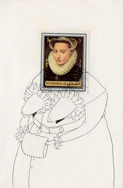A stamp of a lady and a drawing.