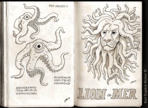 Drawing of a lion and an octopus.