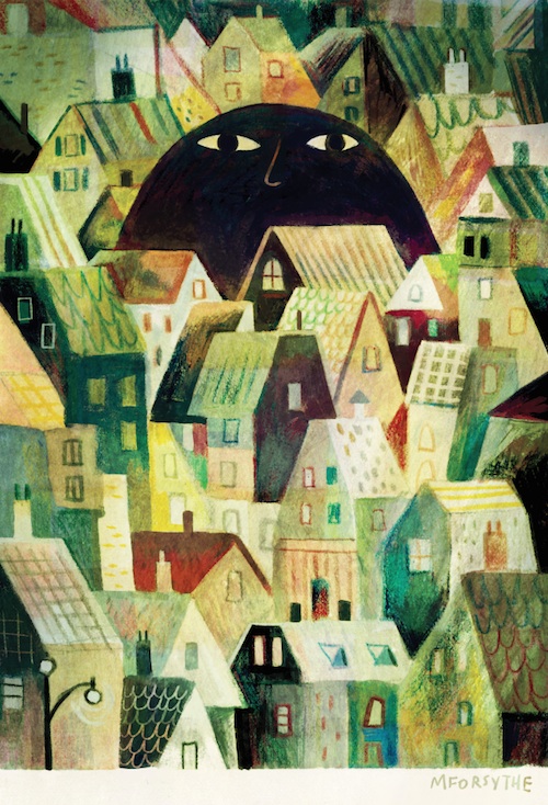 Drawing of several houses and a black character.