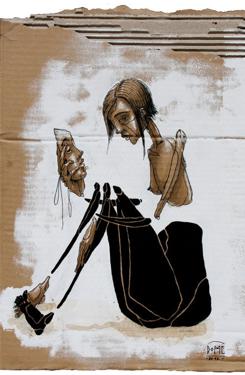 Painting on a piece of cardboard of a woman sitting holding a mask of her own face