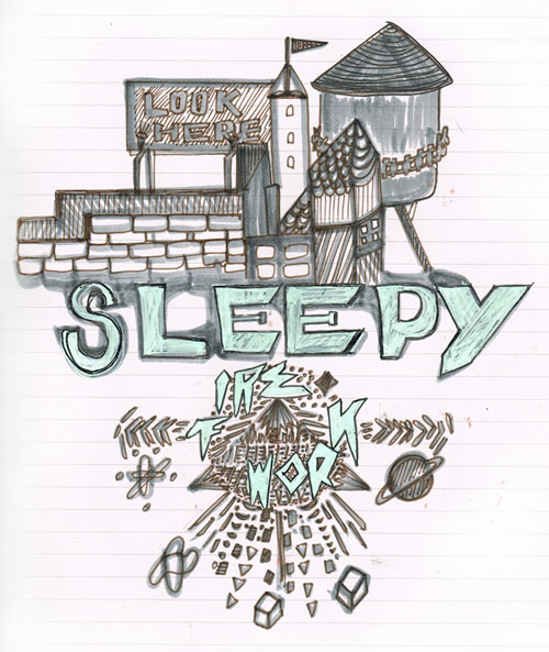 Drawing of a castle with the word "Sleepy" under it