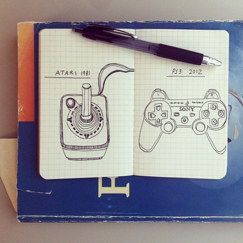 Two side by side drawings of an Atari controller from 1981 and a PS3 controller from 2012