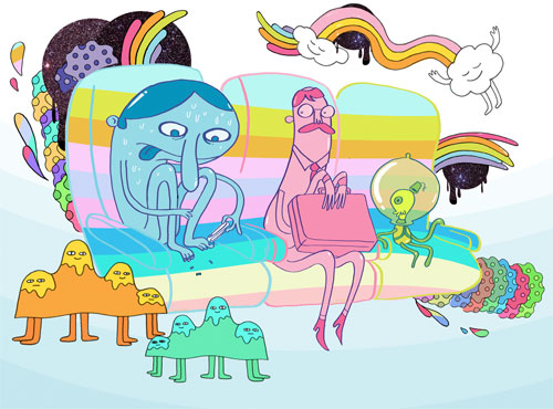 Colorful drawing of characters on a couch.