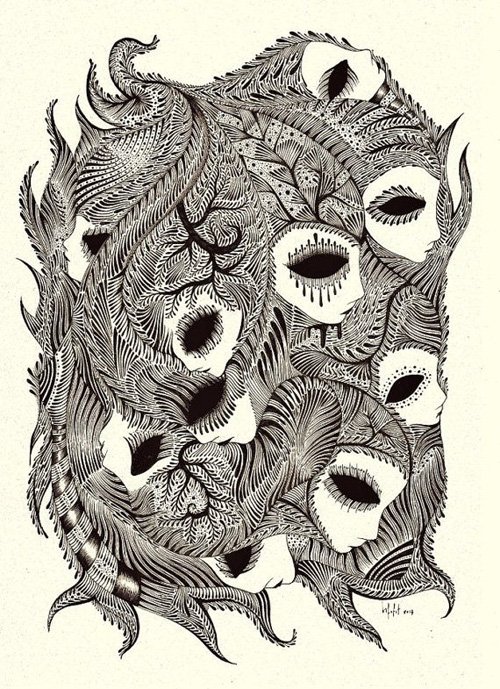 Illustration of a repeating pattern within which are multiple masquerade masked creature faces