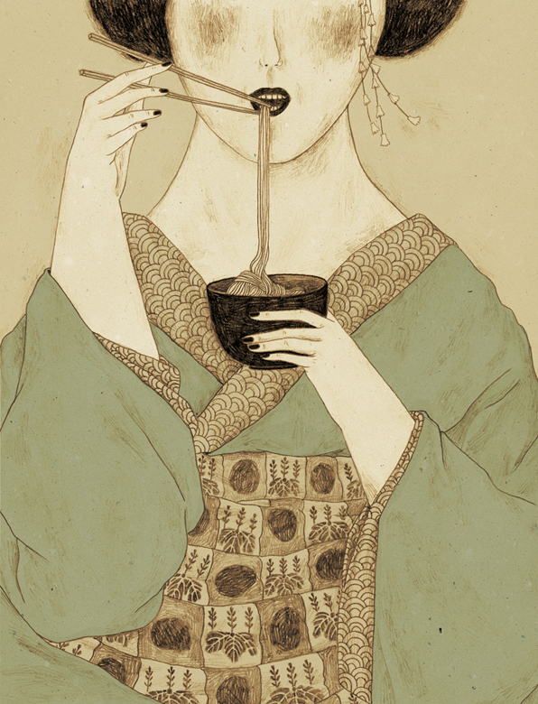 Japanese woman eating noodles.