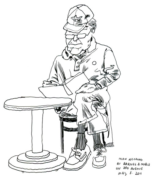 Drawing of a man reading at Barnes and Noble.