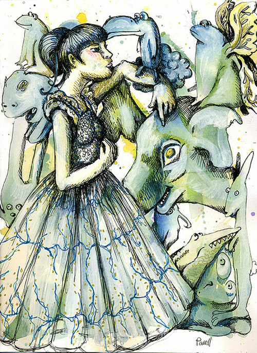 Whimsical illustration of a girl with creatures