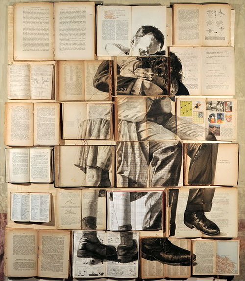 Artwork of a man sitting while hugging his daughter. The piece is made up of multiple drawings made on various book pages which when placed together create the entire work.
